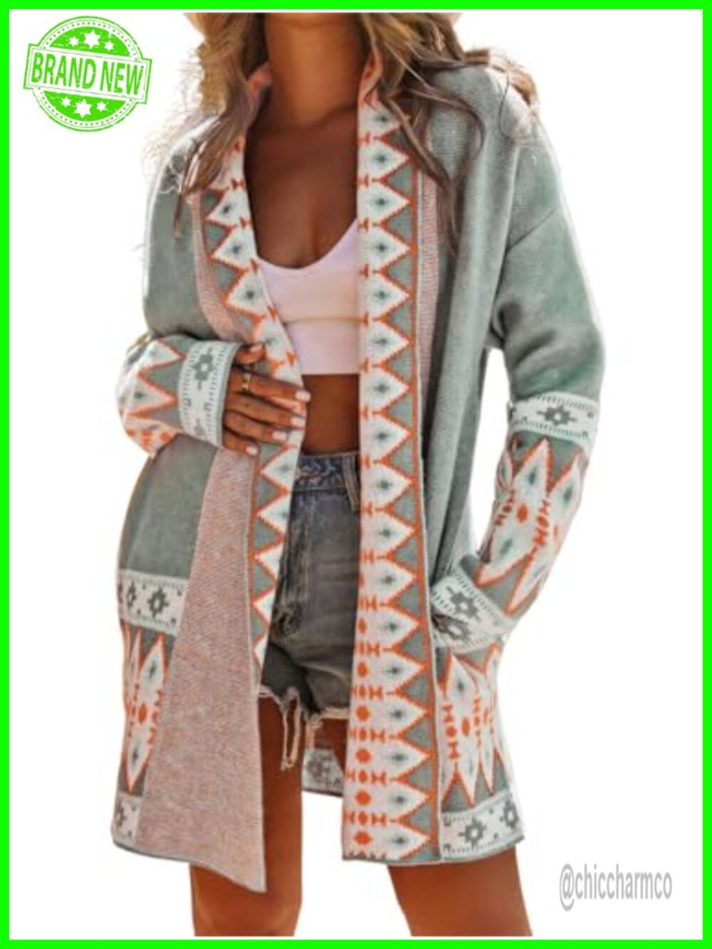 Aztec Jacquard Knit Open Front Cardigan Long Sleeve Boho Sweater Coat